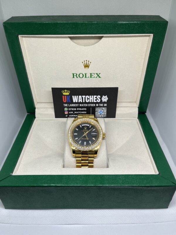 Rolex Day-Date Black Baguette RBR Diamond Bezel Full Yellow Gold 40mm (1)