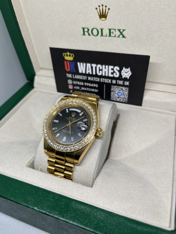 Rolex Day-Date Black Baguette RBR Diamond Bezel Full Yellow Gold 40mm (2)
