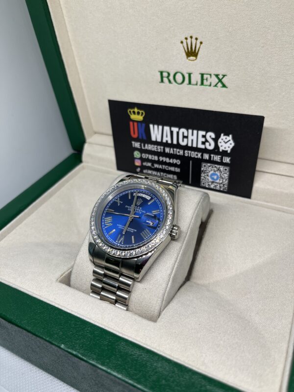 Rolex Day-Date Blue Dial RBR Diamond Bezel Stainless Steel 40mm (2)