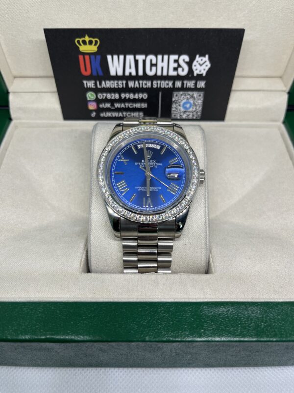 Rolex Day-Date Blue Dial RBR Diamond Bezel Stainless Steel 40mm (4)