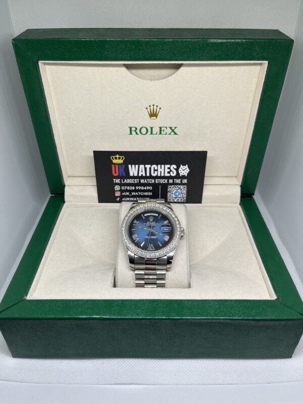 Rolex Day-Date Blue Ombre Dial RBR Diamond Bezel Stainless Steel 40mm (1)