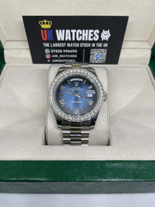Rolex Day-Date Blue Ombre Dial RBR Diamond Bezel Stainless Steel 40mm (4)