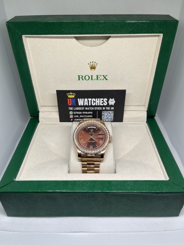 Rolex Day-Date ‘Chocolate' Dial RBR Diamond Bezel Full Rose Gold 40mm (1)