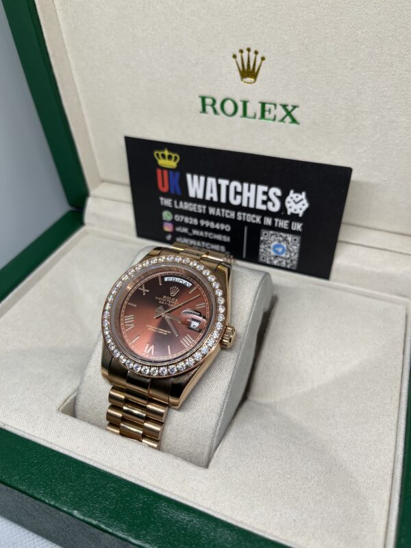 Rolex Day-Date ‘Chocolate' Dial RBR Diamond Bezel Full Rose Gold 40mm (2)