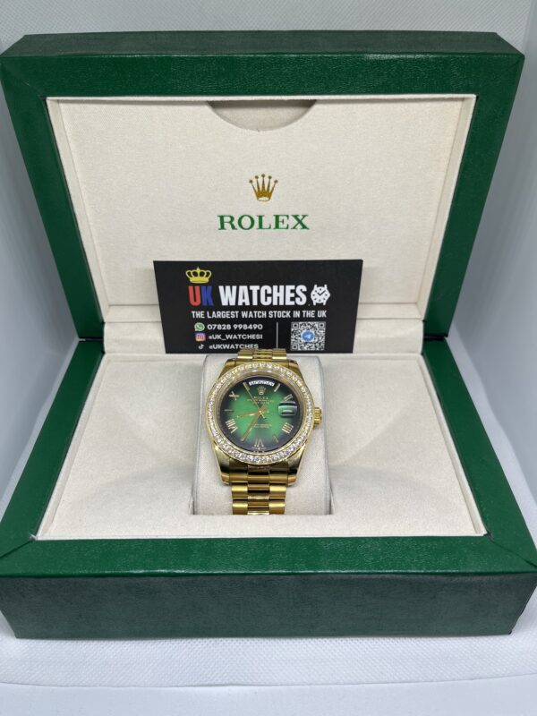 Rolex Day-Date Green Ombre RBR Diamond Bezel Full Yellow Gold 40mm (1)
