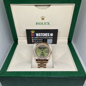 Rolex Day-Date ‘Olive' Dial RBR Diamond Bezel Full Rose Gold 40mm (1)