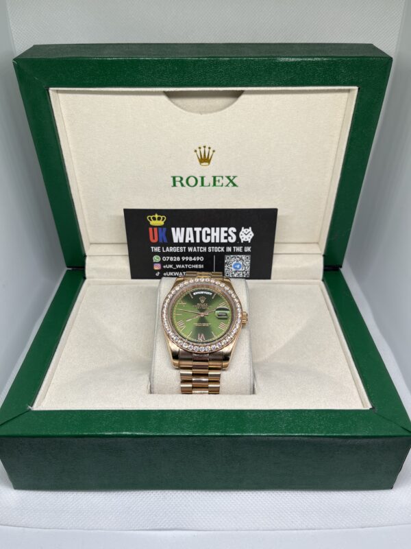 Rolex Day-Date ‘Olive' Dial RBR Diamond Bezel Full Rose Gold 40mm (1)