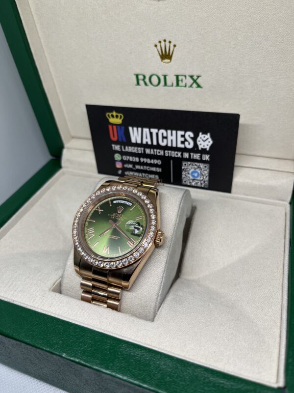 Rolex Day-Date ‘Olive' Dial RBR Diamond Bezel Full Rose Gold 40mm (2)