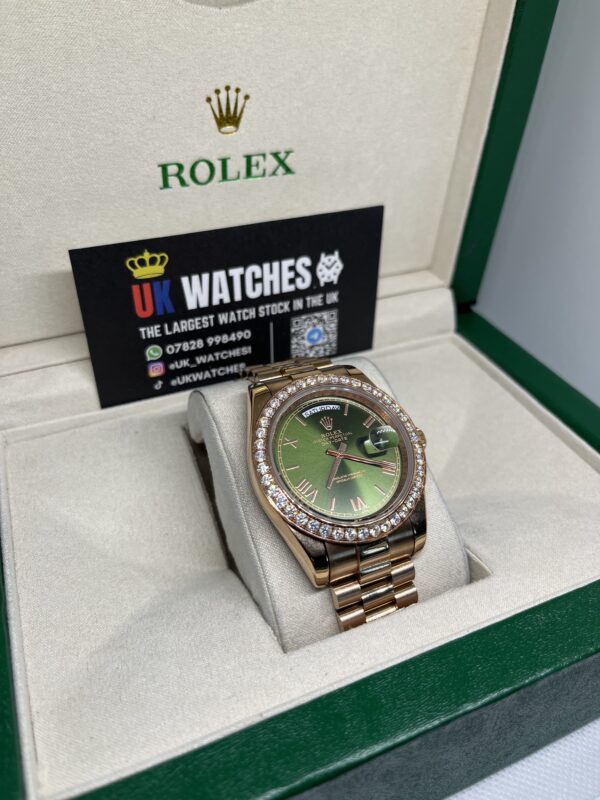 Rolex Day-Date ‘Olive' Dial RBR Diamond Bezel Full Rose Gold 40mm (3)