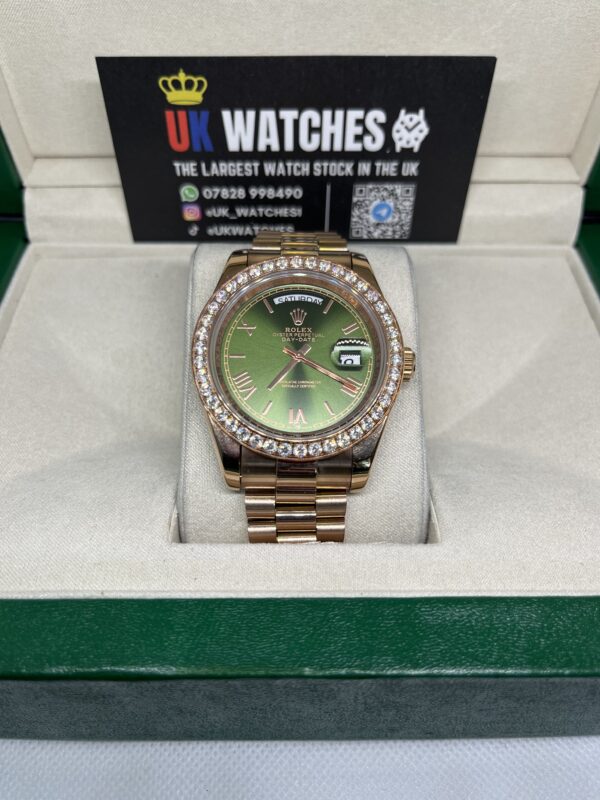 Rolex Day-Date ‘Olive' Dial RBR Diamond Bezel Full Rose Gold 40mm (4)