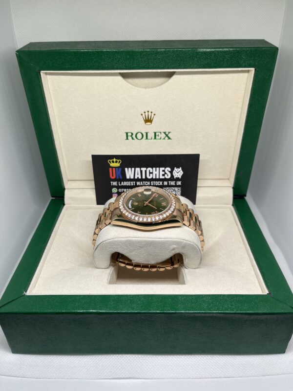 Rolex Day-Date ‘Olive' Dial RBR Diamond Bezel Full Rose Gold 40mm (5)