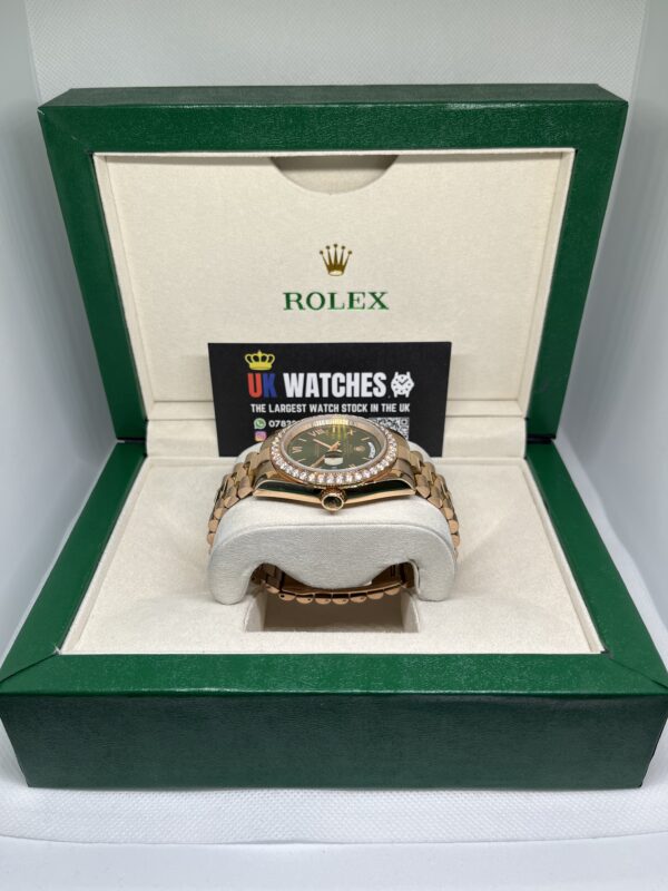 Rolex Day-Date ‘Olive' Dial RBR Diamond Bezel Full Rose Gold 40mm (6)