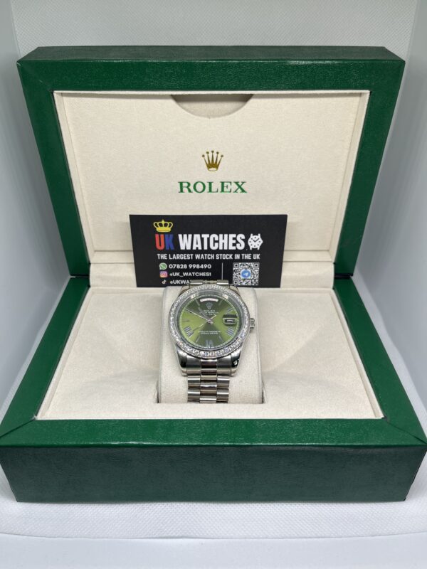 Rolex Day-Date ‘Olive' Dial RBR Diamond Bezel Stainless Steel 40mm (1)