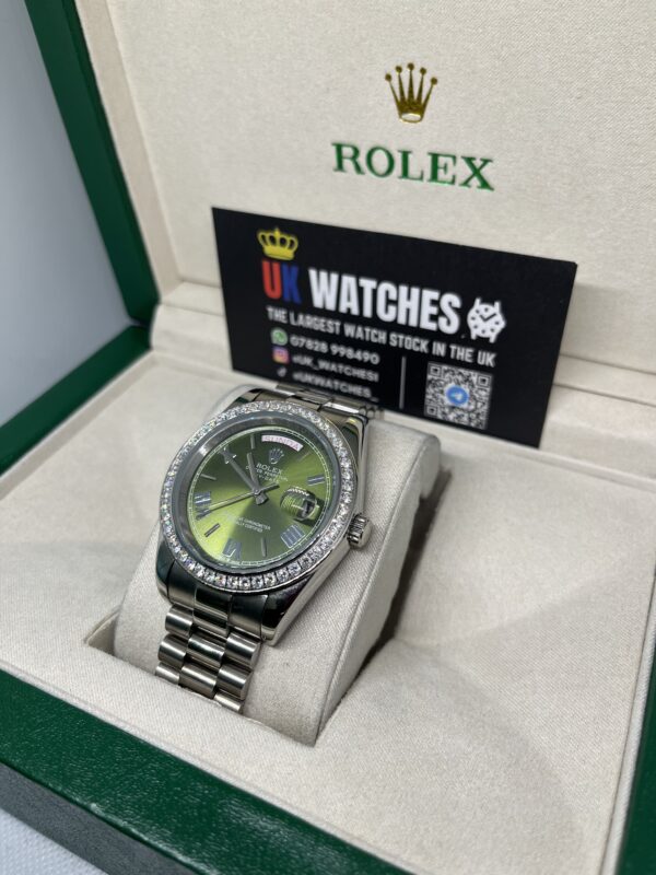 Rolex Day-Date ‘Olive' Dial RBR Diamond Bezel Stainless Steel 40mm (2)