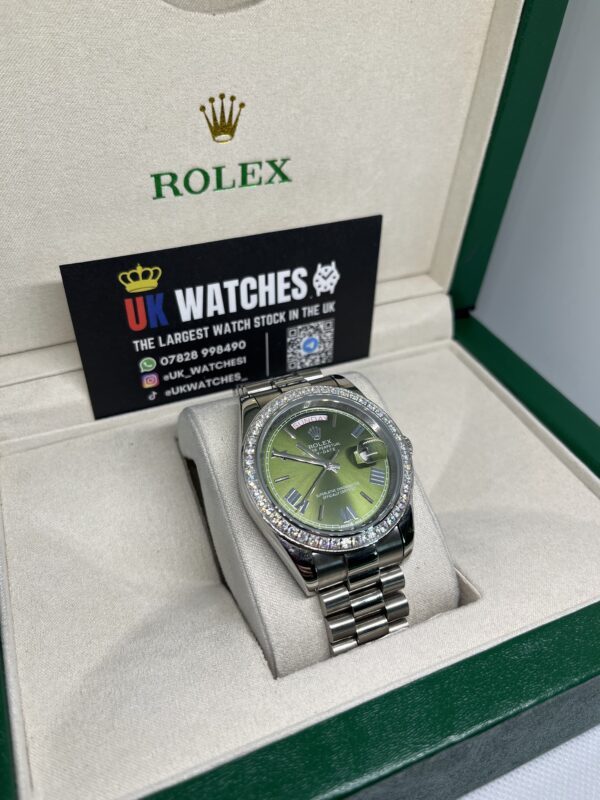 Rolex Day-Date ‘Olive' Dial RBR Diamond Bezel Stainless Steel 40mm (3)