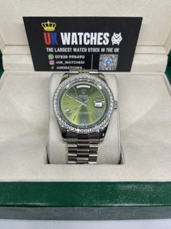 Rolex Day-Date ‘Olive' Dial RBR Diamond Bezel Stainless Steel 40mm (4)