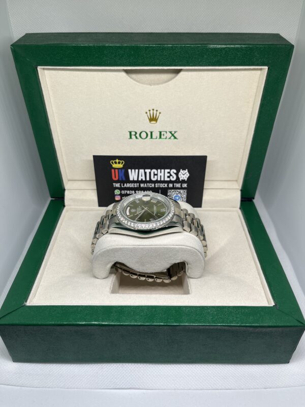 Rolex Day-Date ‘Olive' Dial RBR Diamond Bezel Stainless Steel 40mm (5)