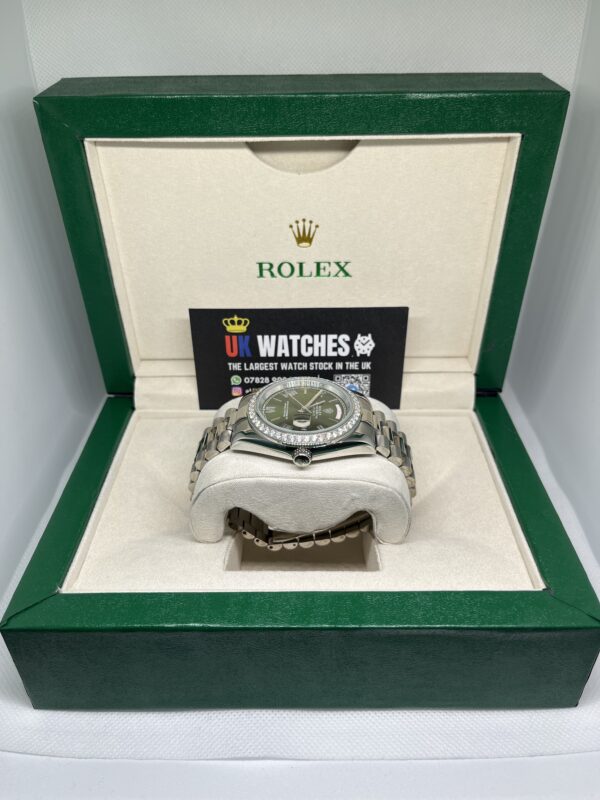Rolex Day-Date ‘Olive' Dial RBR Diamond Bezel Stainless Steel 40mm (6)