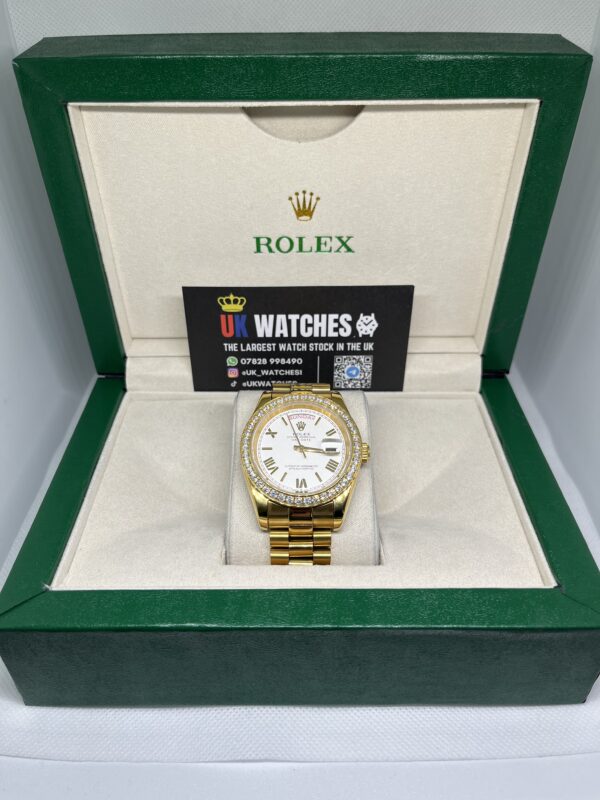 Rolex Day-Date White Roman Numeral Dial RBR Diamond Bezel Full Yellow Gold 40mm (1)