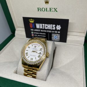 Rolex Day-Date White Roman Numeral Dial RBR Diamond Bezel Full Yellow Gold 40mm (2)