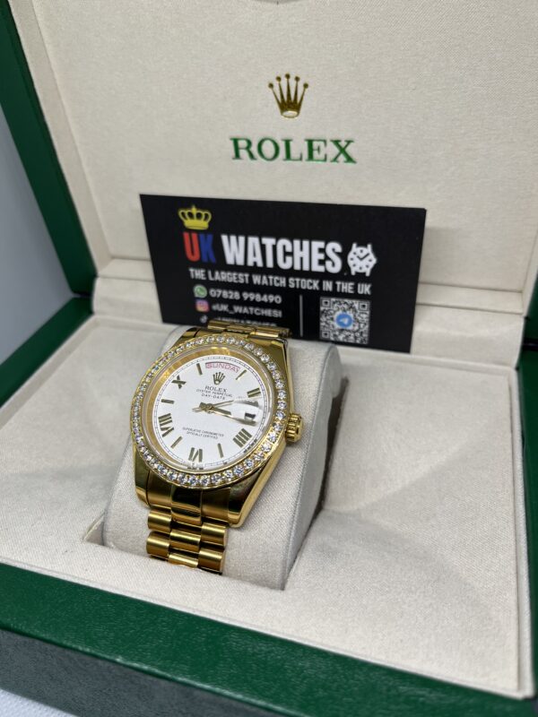 Rolex Day-Date White Roman Numeral Dial RBR Diamond Bezel Full Yellow Gold 40mm (2)