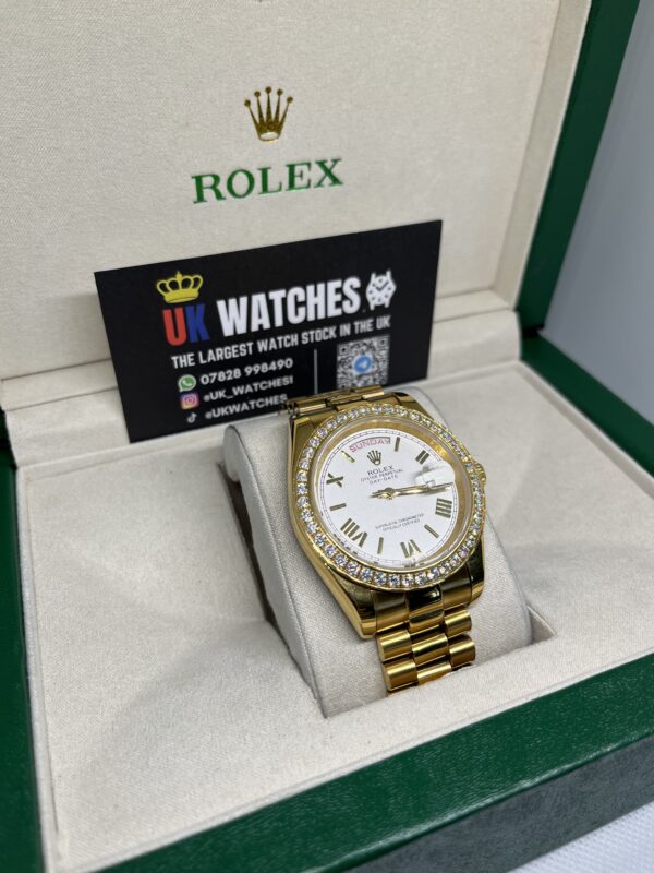 Rolex Day-Date White Roman Numeral Dial RBR Diamond Bezel Full Yellow Gold 40mm (3)