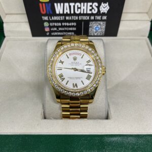 Rolex Day-Date White Roman Numeral Dial RBR Diamond Bezel Full Yellow Gold 40mm (4)