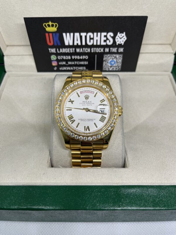 Rolex Day-Date White Roman Numeral Dial RBR Diamond Bezel Full Yellow Gold 40mm (4)