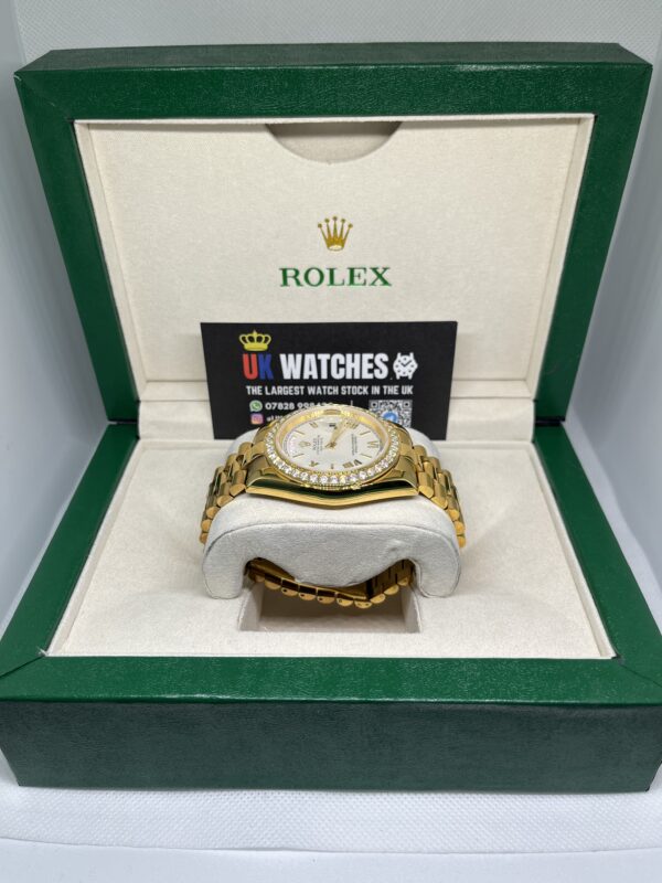 Rolex Day-Date White Roman Numeral Dial RBR Diamond Bezel Full Yellow Gold 40mm (5)
