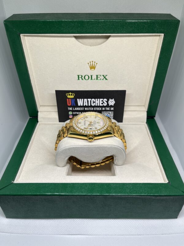 Rolex Day-Date White Roman Numeral Dial RBR Diamond Bezel Full Yellow Gold 40mm (6)