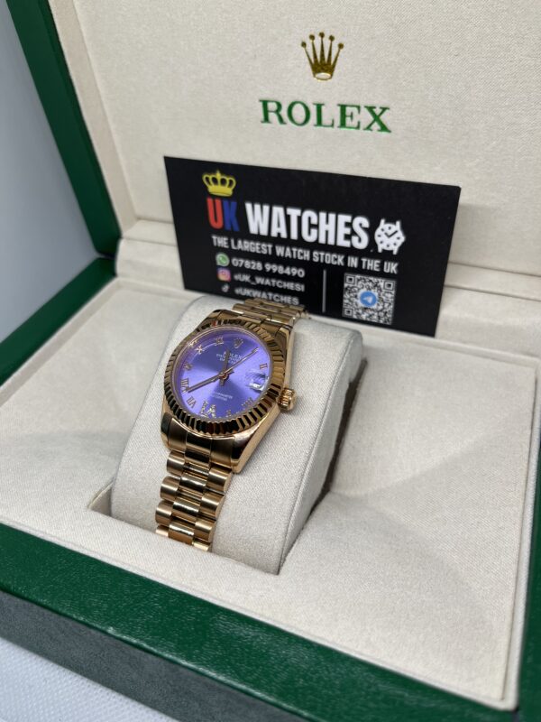 Rolex Lady Datejust Purple Roman Numeral Dial Full Rose Gold Presidental 31mm (2)