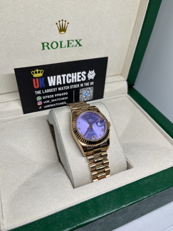 Rolex Lady Datejust Purple Roman Numeral Dial Full Rose Gold Presidental 31mm (3)