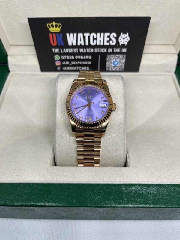 Rolex Lady Datejust Purple Roman Numeral Dial Full Rose Gold Presidental 31mm (4)